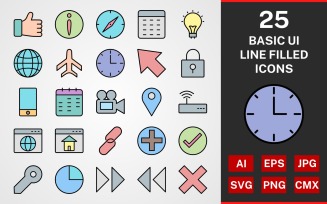 25 Basic UI LINE FILLED PACK Icon Set