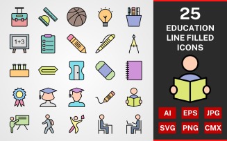 25 Education LINE FILLED PACK Icon Set