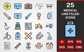 25 Medical LINE FILLED PACK Icon Set