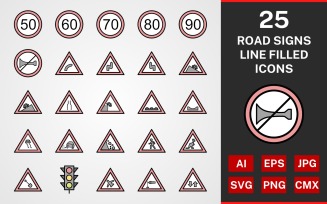 25 Road Signs LINE filled PACK Icon Set