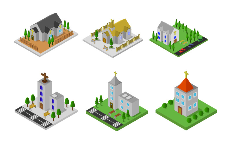 Set Of Isometric Churches On Background - Vector Image Vector Graphic