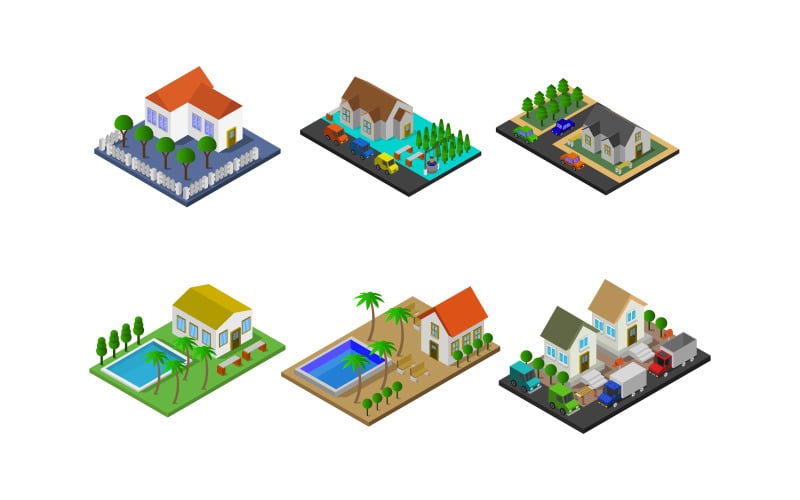 Set Of Isometric Houses On White Background - Vector Image Vector Graphic