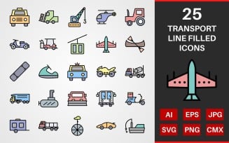 25 Transport LINE FILLED PACK Icon Set