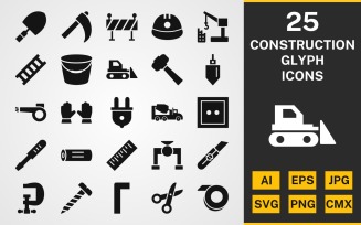 25 Construction GLYPH PACK Icon Set
