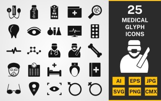 25 Medical GLYPH PACK Icon Set