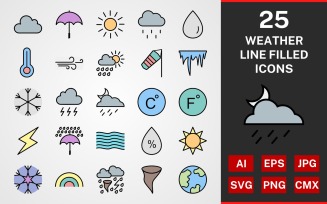 25 Weather LINE FILLED PACK Icon Set