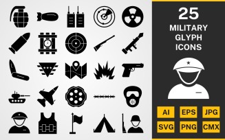 25 Military GLYPH PACK Icon Set