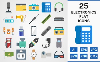 25 ELECTRONIC DEVICES FLAT PACK Icon Set