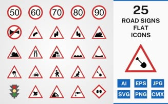 25 ROAD SIGNS FLAT PACK Icon Set