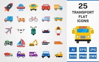 25 Transport FLAT PACK Icon Set