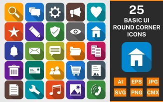 25 BASIC UI Round Corner Shadowed PACK Icon Set