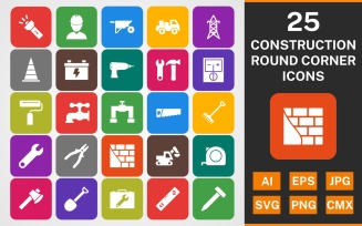 25 CONSTRUCTION ROUND CORNER GLYPH PACK Icon Set