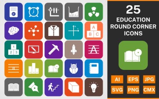 25 EDUCATION ROUND CORNER GLYPH PACK Icon Set