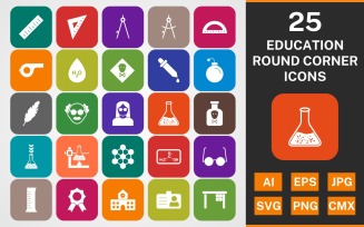 25 EDUCATION ROUND CORNER GLYPH PACK Icon Set