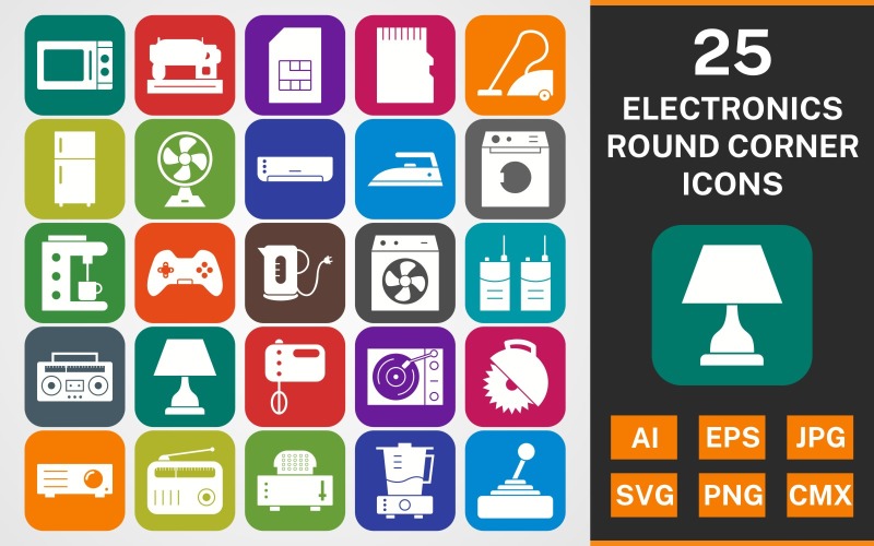 25 ELECTRONIC DEVICES ROUND CORNER GLYPH PACK Icon Set