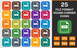 25 FILE FORMAT ROUND CORNER GLYPH PACK Icon Set
