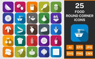 25 FOOD Round Corner Shadowed PACK Icon Set