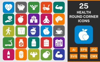 25 HEALTH ROUND CORNER GLYPH PACK Icon Set
