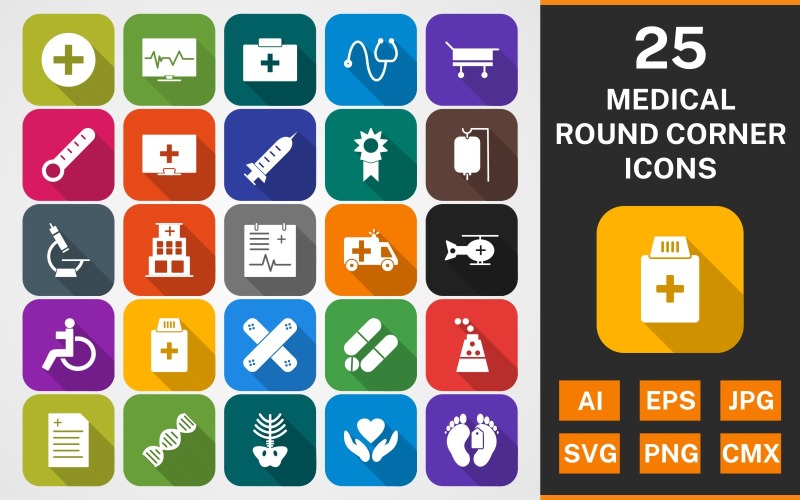 25 MEDICAL Round Corner Shadowed PACK Icon Set