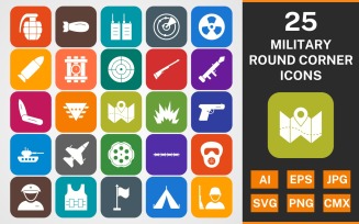 25 MILITARY ROUND CORNER GLYPH PACK Icon Set