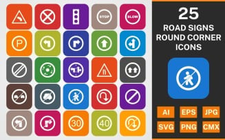 25 ROAD SIGNS ROUND CORNER GLYPH PACK Icon Set