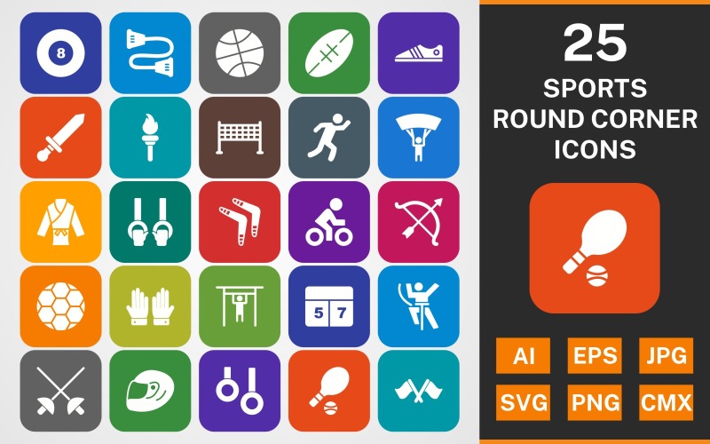 25 SPORTS AND GAMES ROUND CORNER GLYPH PACK Icon Set