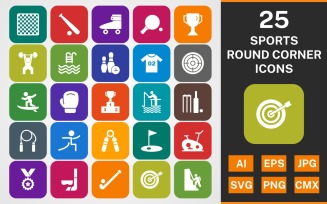 25 SPORTS AND GAMES ROUND CORNER GLYPH PACK Icon Set
