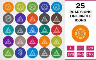 25 ROAD SIGNS LINE CIRCLE PACK Icon Set