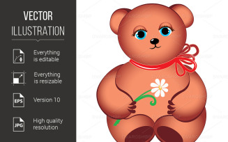 Little Teddy Bear with Flower Illustration on White Background - Vector Image