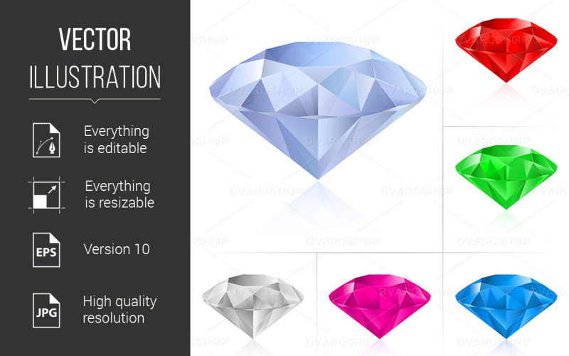 Realistic Diamonds in Different Colors - Vector Image Vector Graphic
