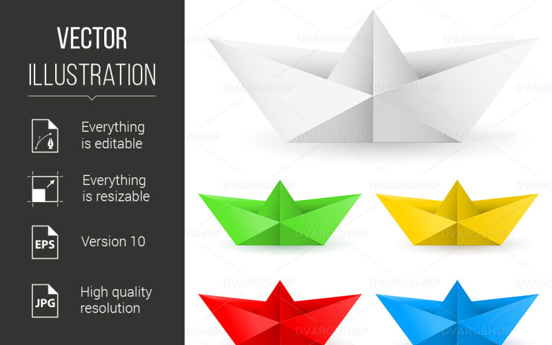 Set of Origami Paper Boats Illustration on White Background - Vector Image Vector Graphic