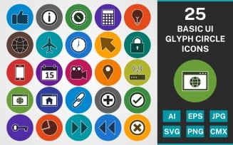 25 BASIC UI GLYPH CIRCLE PACK Icon Set