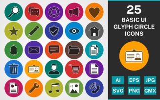25 BASIC UI GLYPH CIRCLE PACK Icon Set