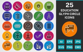 25 EDUCATION GLYPH CIRCLE PACK Icon Set
