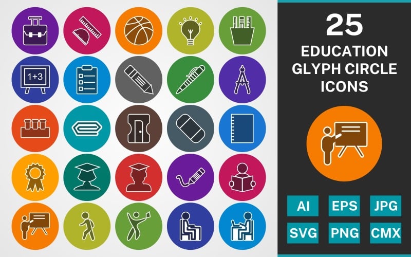 25 EDUCATION GLYPH CIRCLE PACK Icon Set