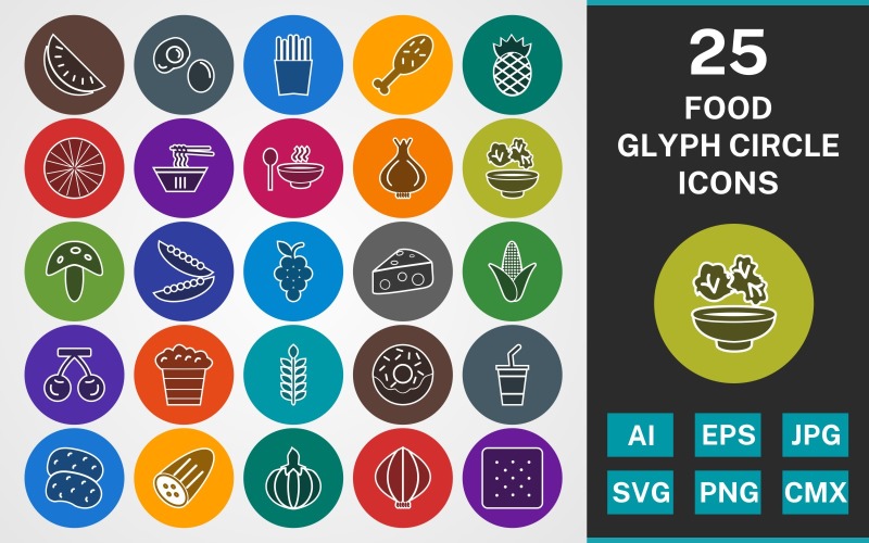 25 FOOD GLYPH CIRCLE PACK Icon Set