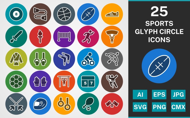 25 SPORTS AND GAMES GLYPH CIRCLE PACK Icon Set