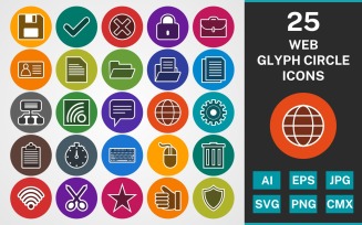 25 WEB GLYPH CIRCLE PACK Icon Set
