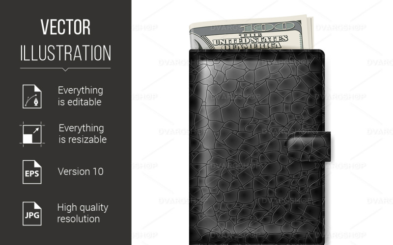Black Leather Wallet With Dollars - Vector Image Vector Graphic