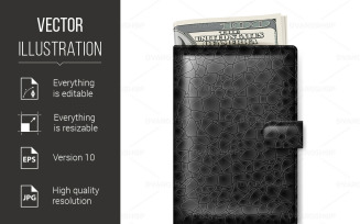 Black Leather Wallet With Dollars - Vector Image