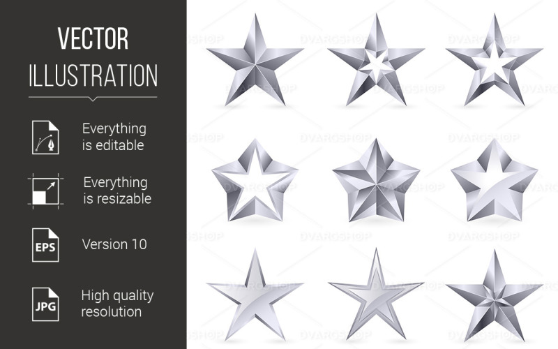 Different Types and Forms of Silver Stars - Vector Image Vector Graphic