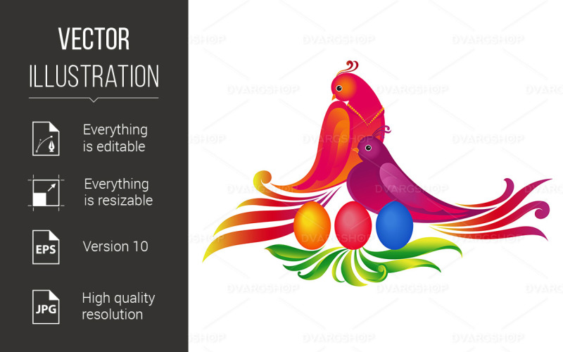 Easter Eggs, and Birds Illustration on White Background - Vector Image Vector Graphic