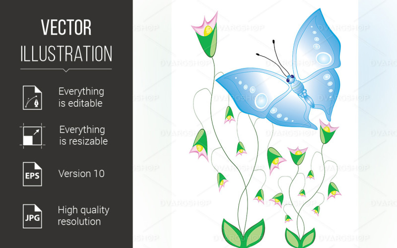 Cartoon Butterflies with Flowers - Vector Image Vector Graphic