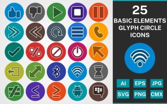 25 BASIC ELEMENTS GLYPH CIRCLE PACK Icon Set