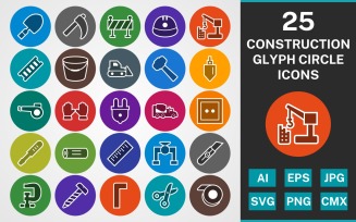 25 CONSTRUCTION GLYPH CIRCLE PACK Icon Set