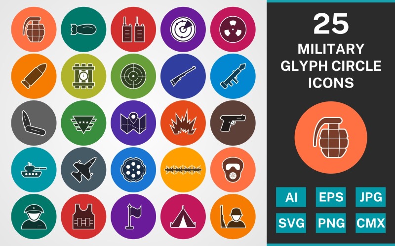 25 MILITARY GLYPH CIRCLE PACK Icon Set
