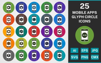 25 MOBILE APPS GLYPH CIRCLE PACK Icon Set