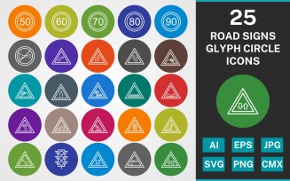 25 ROAD SIGNS GLYPH CIRCLE PACK Icon Set