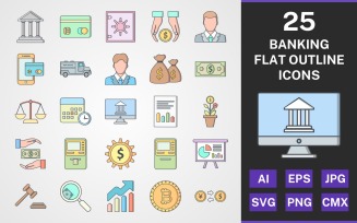25 BANKING FLAT OUTLINE PACK Icon Set