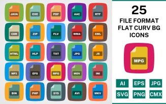 25 FILE FORMAT FLAT CURV BG PACK Icon Set